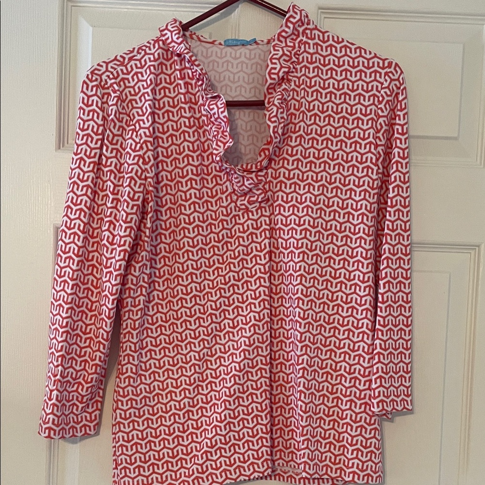 J. McLaughlin Coral and White Geometric Blouse